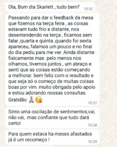 Print de cliente de Tarot com S emitindo Feedback sobre o serviço de Mesa Radiônica de Mestra Rowena.