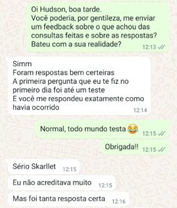 Print de cliente de Tarot com S emitindo Feedback sobre o serviço de leitura do tarot de forma online.