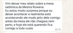 Print de cliente de Tarot com S emitindo Feedback sobre a Mesa Radiônica da MEstra Rowena.